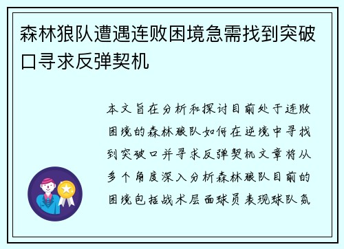 森林狼队遭遇连败困境急需找到突破口寻求反弹契机